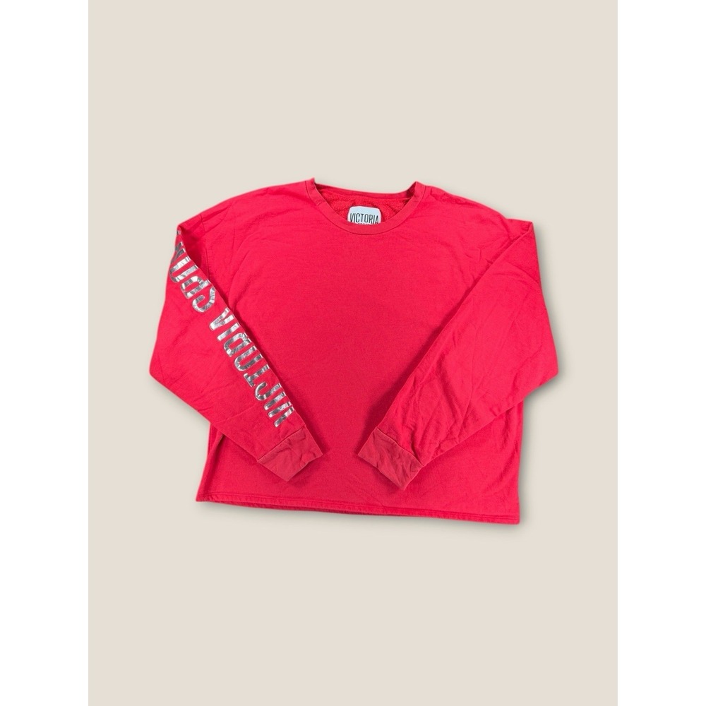 Victoria Sport Women's L Red Long Sleeve Top Silver‎ Spellout Graphic Sleeve